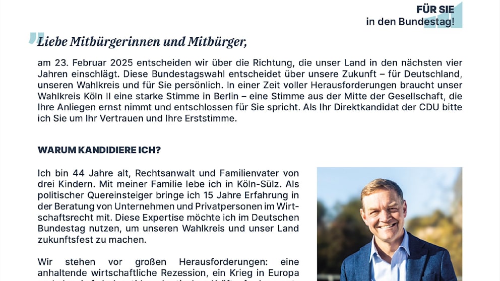 Der Kölner CDU-Bundestagskandidat Daniel Otte (44) verschickte ebenfalls Wahlwerbung in seinem Wahlkreis (Köln II)