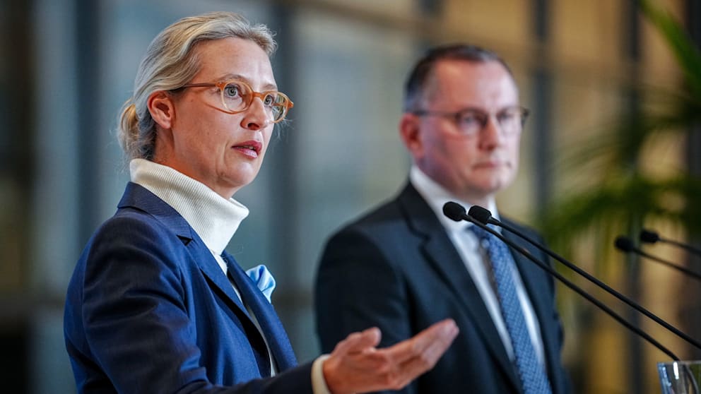 Die AfD-Chefs Alice Weidel (46) und Tino Chrupalla (50)
